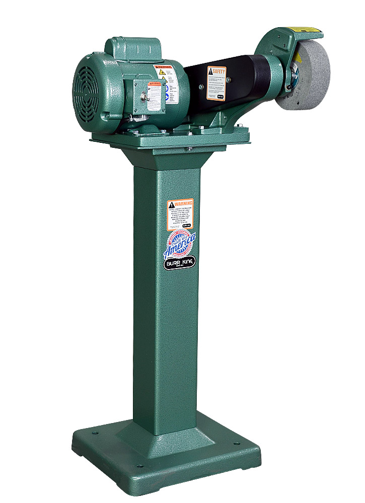 60100 - Model 600 polishing lathe / buffer using optional 2` WA2 wheel adapter and 2` wide scotchbrite wheel.  Model 600 comes with the WA1 adapter for running wheels 1` wide with 1` diameter arbors. Shown on optional 01 fixed height pedestal.